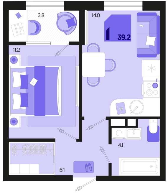 1-комнатная квартира №74 39,2 м2 от застройщика ГК ТОЧНО