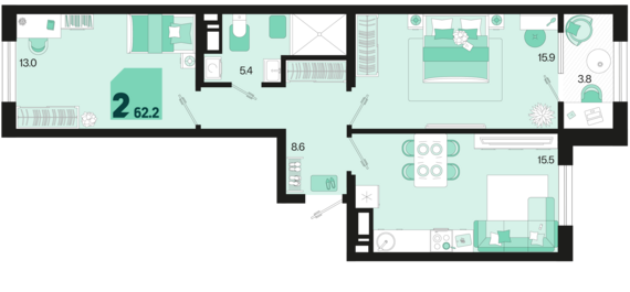 2-комнатная квартира №55 62,2 м2 от застройщика ГК ТОЧНО