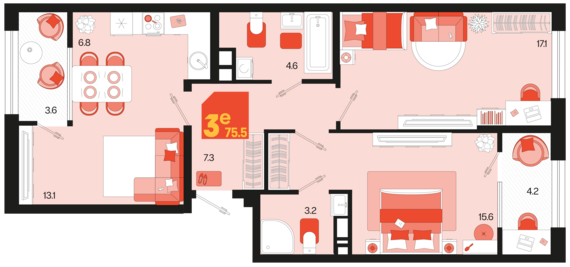 евро 3 к.кв. №76 75,5 м2 от застройщика ГК ТОЧНО