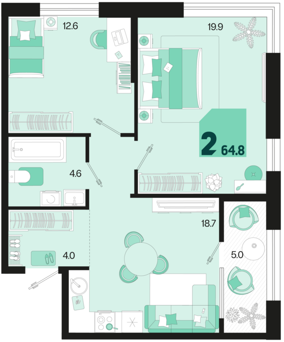 2-комнатная квартира №352 64,8 м2 от застройщика ГК ТОЧНО