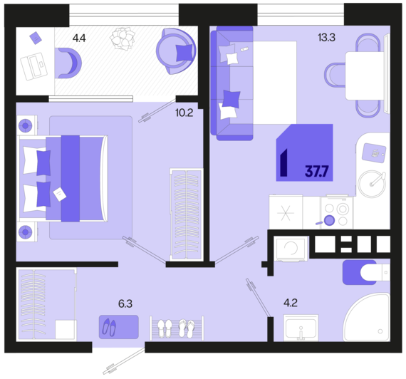 1-комнатная квартира №368 37,7 м2 от застройщика ГК ТОЧНО