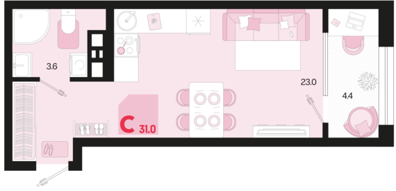 Студия №374 31 м2 от застройщика ГК ТОЧНО