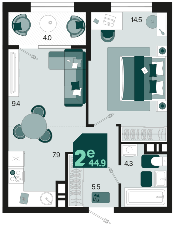 евро 2 к.кв. №380 44,9 м2 от застройщика ГК ТОЧНО