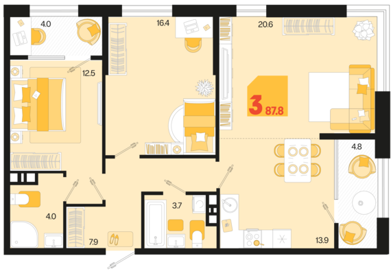 3-комнатная квартира №366 87,8 м2 от застройщика ГК ТОЧНО