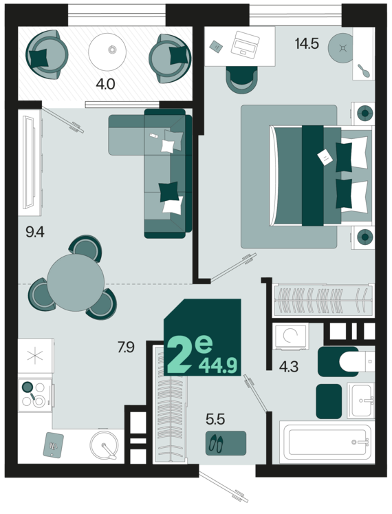 евро 2 к.кв. №384 44,9 м2 от застройщика ГК ТОЧНО