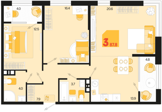 3-комнатная квартира №385 87,8 м2 от застройщика ГК ТОЧНО