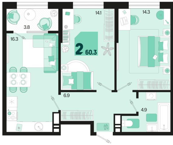 2-комнатная квартира №301 60,3 м2 от застройщика ГК ТОЧНО