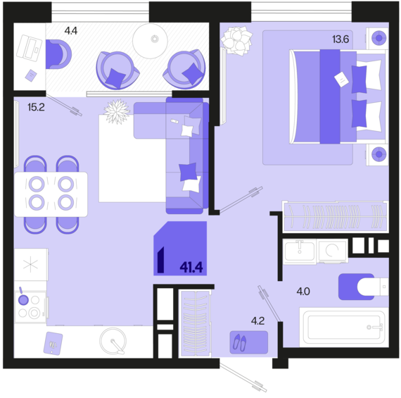 1-комнатная квартира №344 41,4 м2 от застройщика ГК ТОЧНО