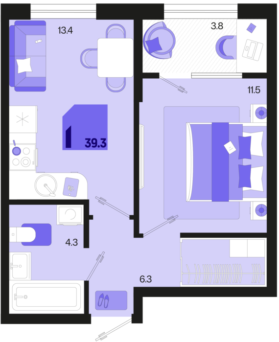 1-комнатная квартира №214 39,3 м2 от застройщика ГК ТОЧНО