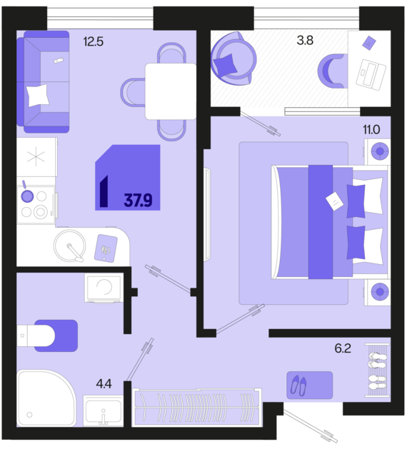 1-комнатная квартира №216 37,9 м2 от застройщика ГК ТОЧНО