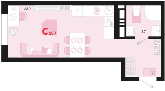 Студия №263 26,7 м2 от застройщика ГК ТОЧНО