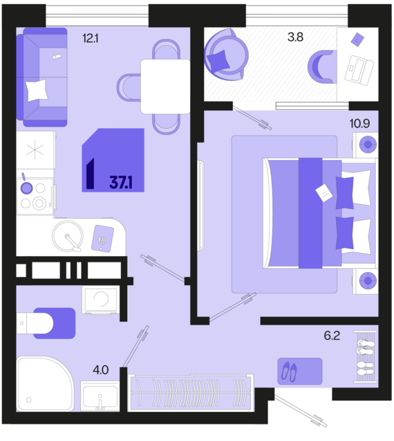 1-комнатная квартира №264 37,1 м2 от застройщика ГК ТОЧНО