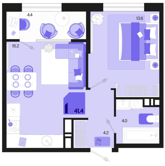 1-комнатная квартира №282 41,4 м2 от застройщика ГК ТОЧНО