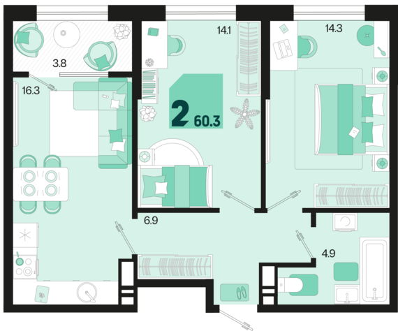 2-комнатная квартира №269 60,3 м2 от застройщика ГК ТОЧНО