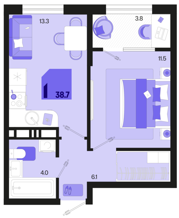 1-комнатная квартира №230 38,7 м2 от застройщика ГК ТОЧНО