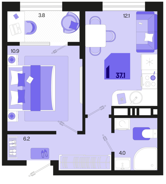 1-комнатная квартира №157 37,1 м2 от застройщика ГК ТОЧНО