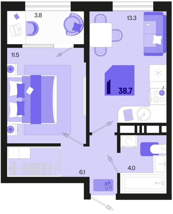 1-комнатная квартира №175 38,7 м2 от застройщика ГК ТОЧНО