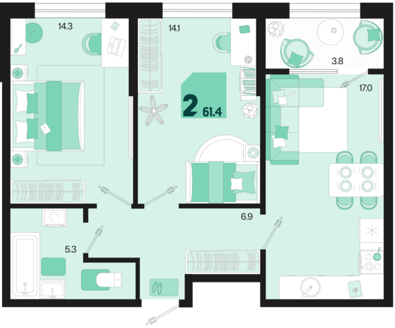 2-комнатная квартира №80 61,4 м2 от застройщика ГК ТОЧНО