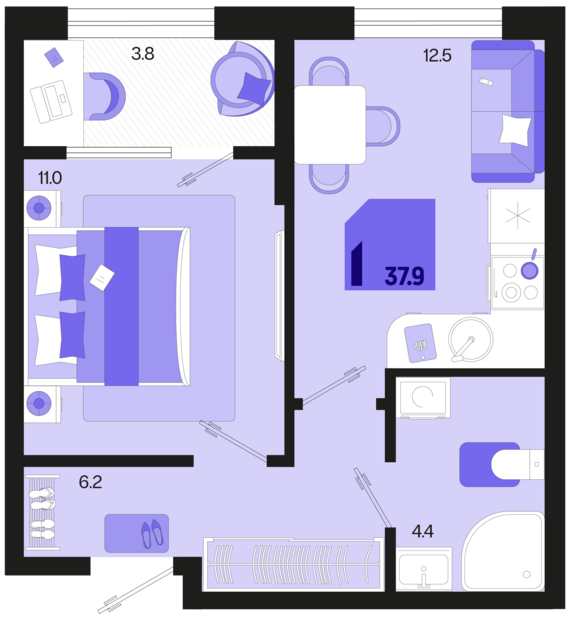 1-комнатная квартира №85 37,9 м2 от застройщика ГК ТОЧНО