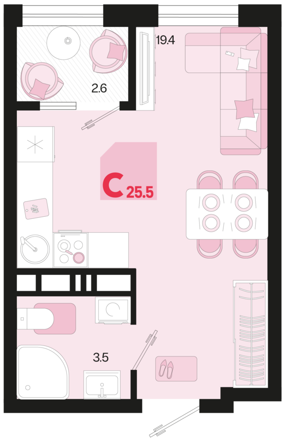 Студия №132 25,5 м2 от застройщика ГК ТОЧНО