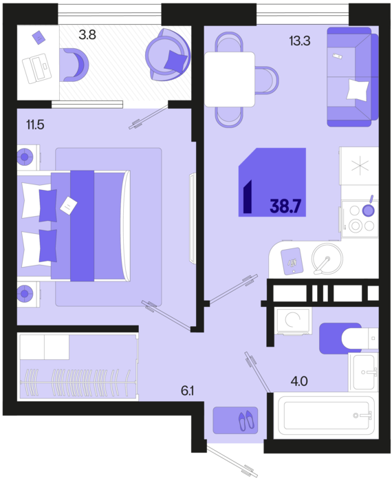 1-комнатная квартира №127 38,7 м2 от застройщика ГК ТОЧНО