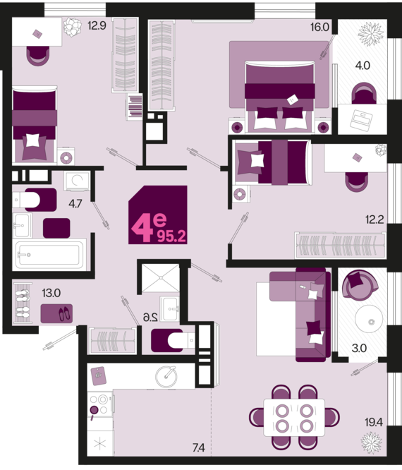 евро 4 к.кв. №129 95,2 м2 от застройщика ГК ТОЧНО
