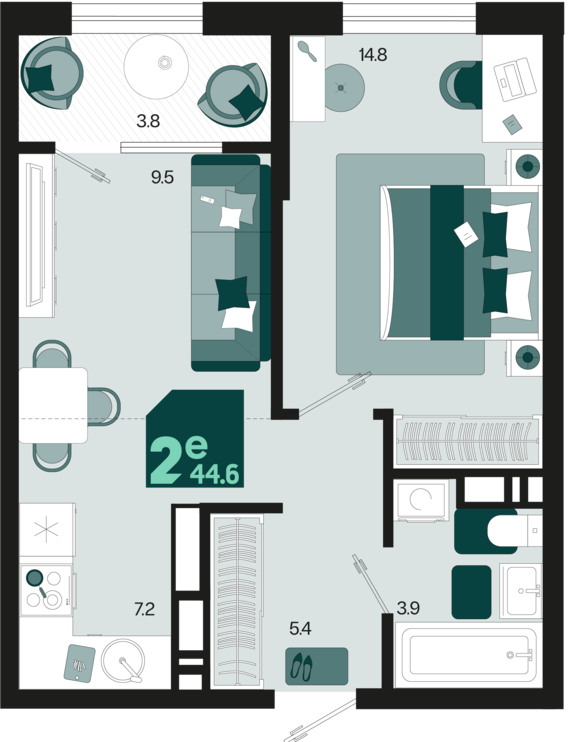 2-комнатная квартира №130 44,6 м2 от застройщика ГК ТОЧНО