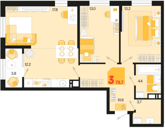 3-комнатная квартира №131 78,7 м2 от застройщика ГК ТОЧНО