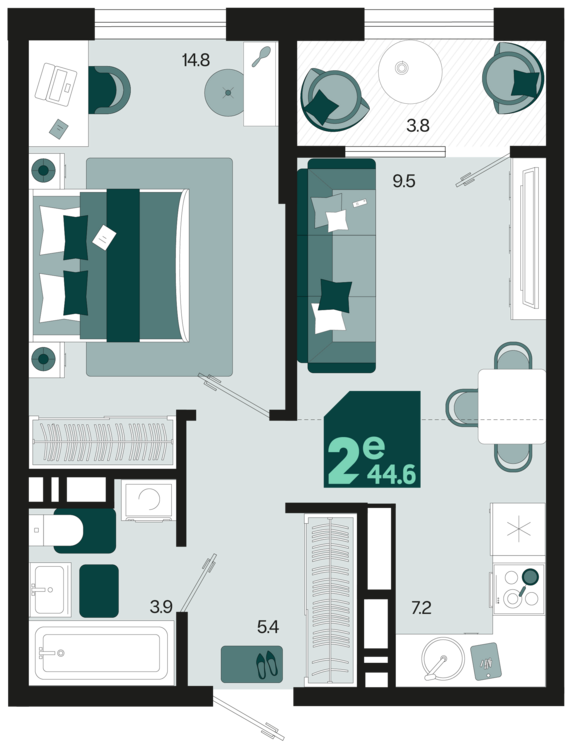 евро 2 к.кв. №133 44,6 м2 от застройщика ГК ТОЧНО
