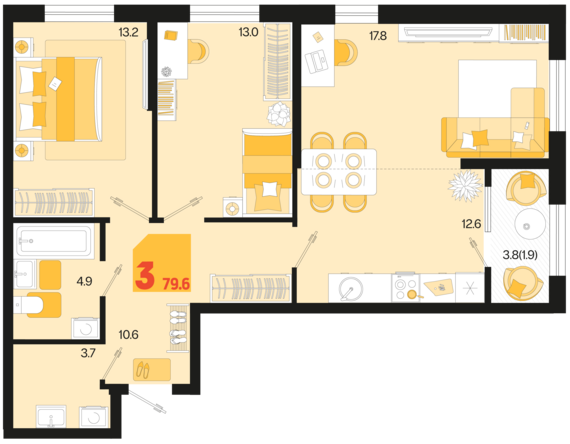 3-комнатная квартира №5 79,6 м2 от застройщика ГК ТОЧНО