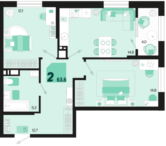 2-комнатная квартира №49 63,6 м2 от застройщика ГК ТОЧНО