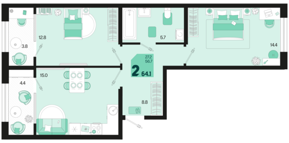 2-комнатная квартира №1 64,1 м2 от застройщика ГК ТОЧНО