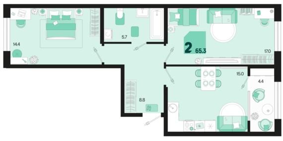 2-комнатная квартира №4 65,3 м2 от застройщика ГК ТОЧНО
