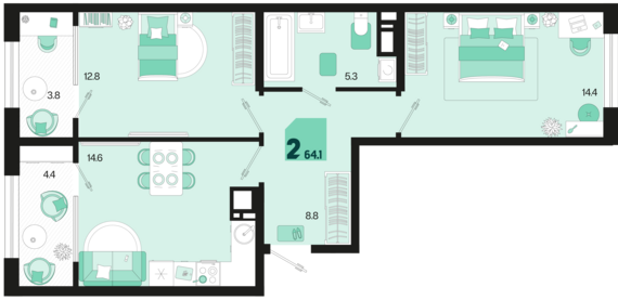 2-комнатная квартира №17 64,1 м2 от застройщика ГК ТОЧНО