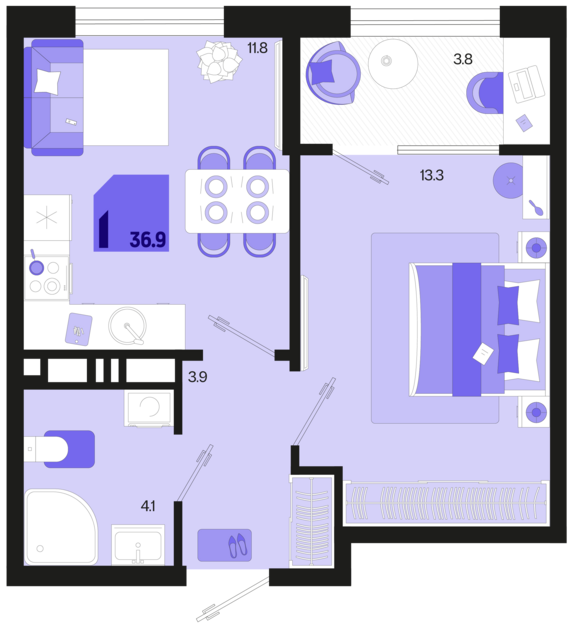 1-комнатная квартира №27 36,9 м2 от застройщика ГК ТОЧНО