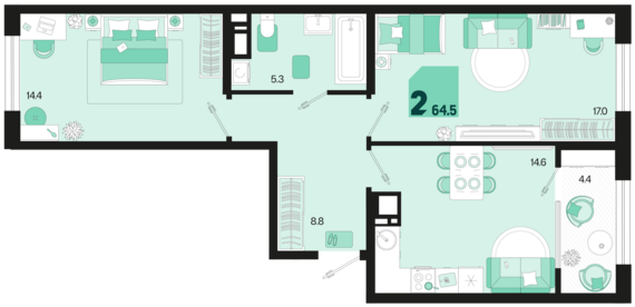 2-комнатная квартира №20 64,5 м2 от застройщика ГК ТОЧНО