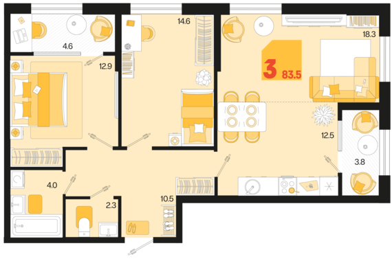 3-комнатная квартира №33 83,5 м2 от застройщика ГК ТОЧНО
