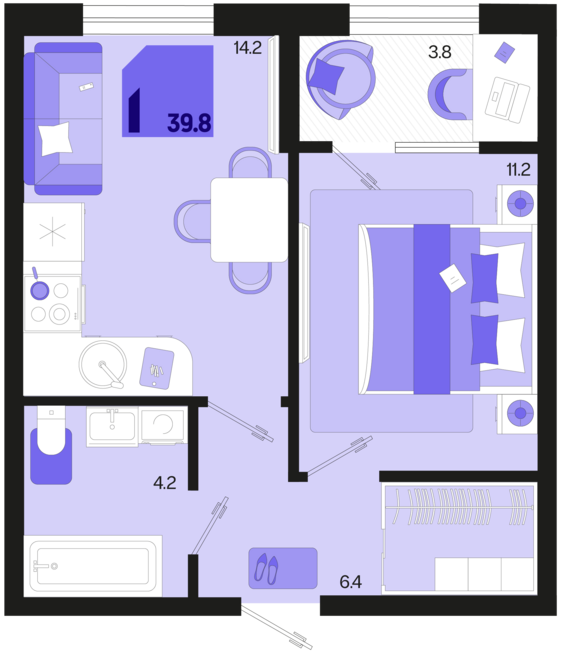 1-комнатная квартира №34 39,8 м2 от застройщика ГК ТОЧНО