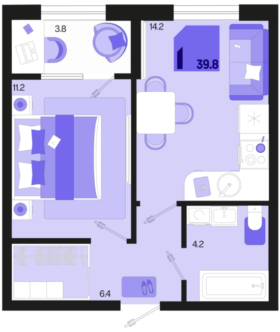 1-комнатная квартира №35 39,8 м2 от застройщика ГК ТОЧНО
