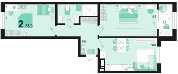 2-комнатная квартира №36 63,2 м2 от застройщика ГК ТОЧНО