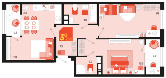 евро 3 к.кв. №52 75,5 м2 от застройщика ГК ТОЧНО