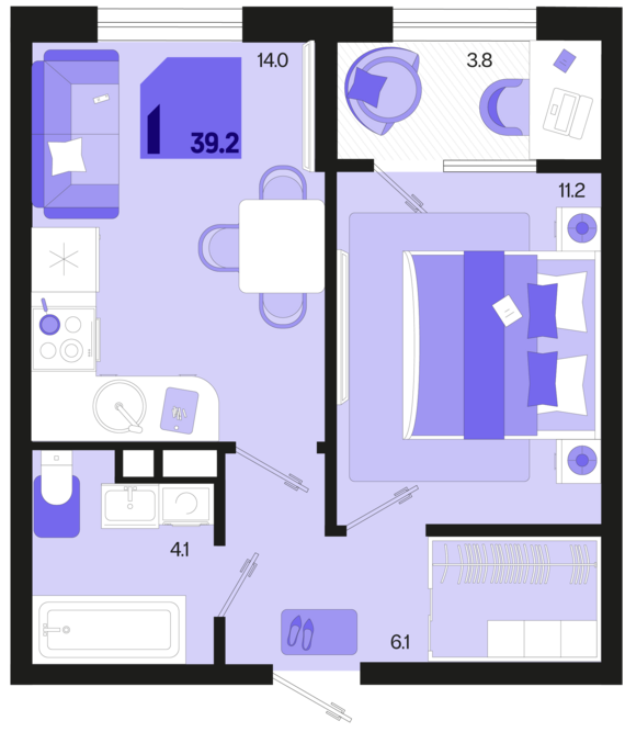 1-комнатная квартира №59 39,2 м2 от застройщика ГК ТОЧНО