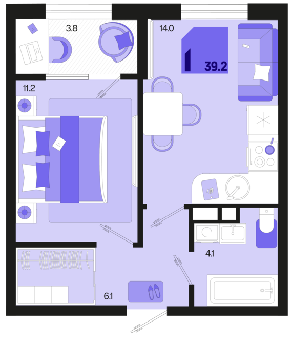 1-комнатная квартира №50 39,2 м2 от застройщика ГК ТОЧНО