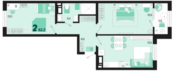 2-комнатная квартира №70 62,2 м2 от застройщика ГК ТОЧНО