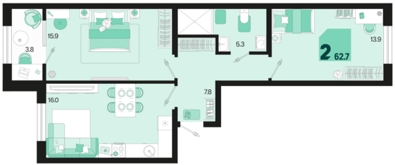 2-комнатная квартира №339 62,7 м2 от застройщика ГК ТОЧНО