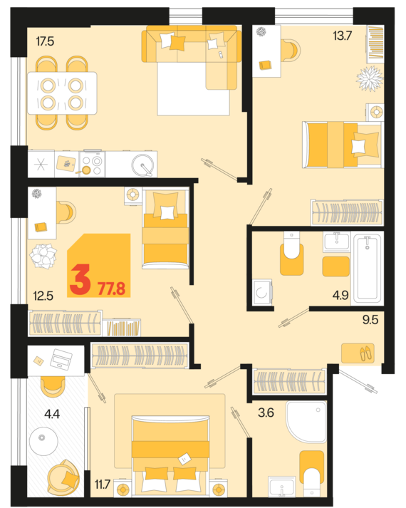 3-комнатная квартира №342 77,8 м2 от застройщика ГК ТОЧНО