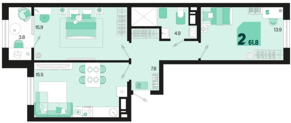 2-комнатная квартира №381 61,8 м2 от застройщика ГК ТОЧНО