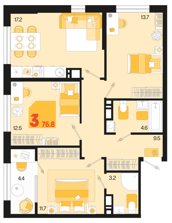 3-комнатная квартира №363 76,8 м2 от застройщика ГК ТОЧНО