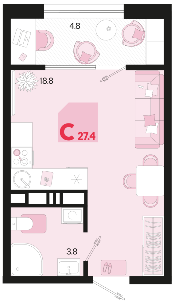 Студия №351 27,4 м2 от застройщика ГК ТОЧНО