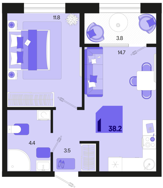 1-комнатная квартира №395 38,2 м2 от застройщика ГК ТОЧНО